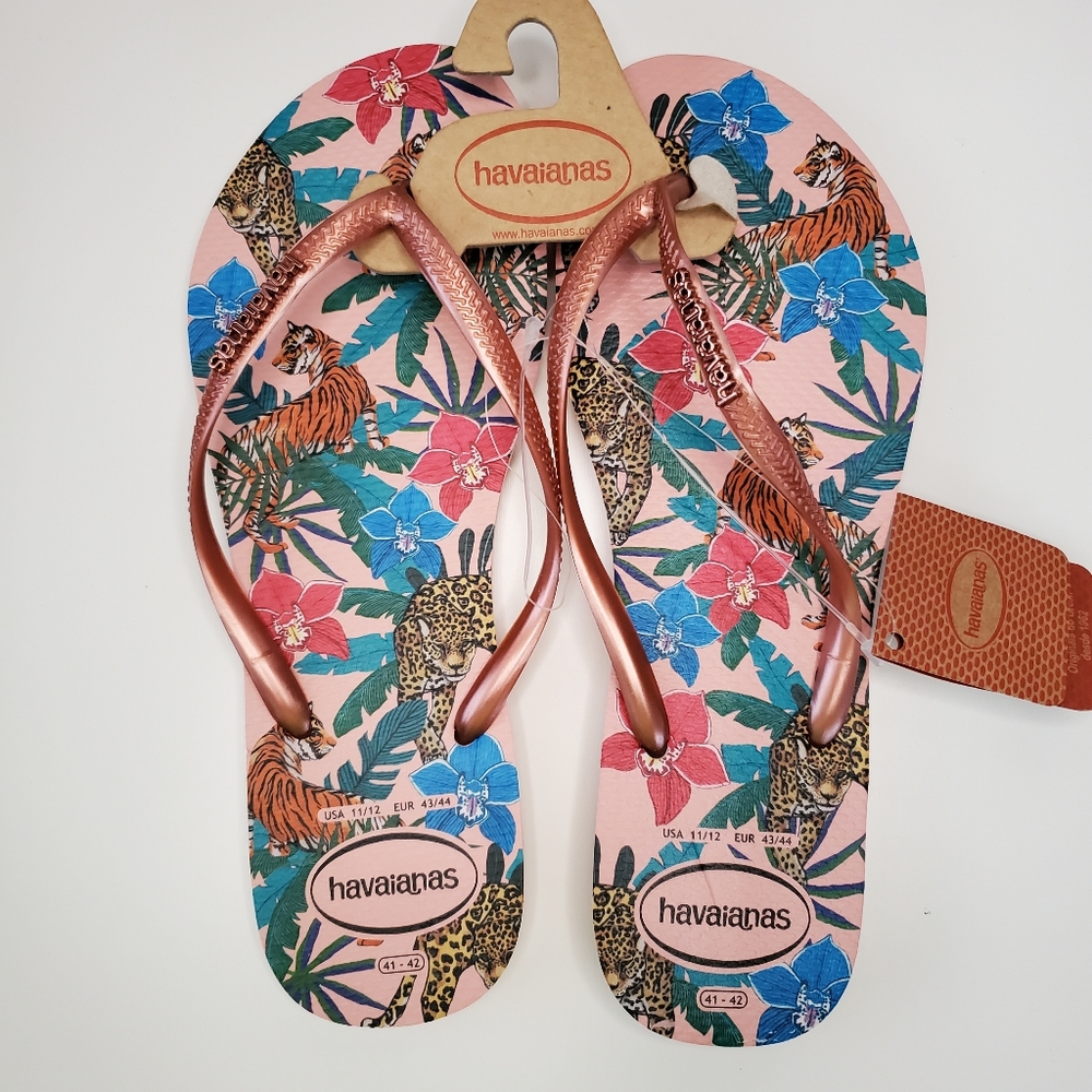 Havaianas rubber flip flop pink jungle tiger leopard cheetah floral plants 11 12